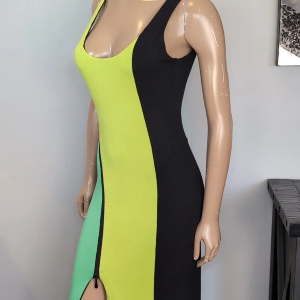 💠Bebe Addiction Colour Block Maxi Dress Women' Size Small Neon Green Sleeveless - Picture 6 of 15